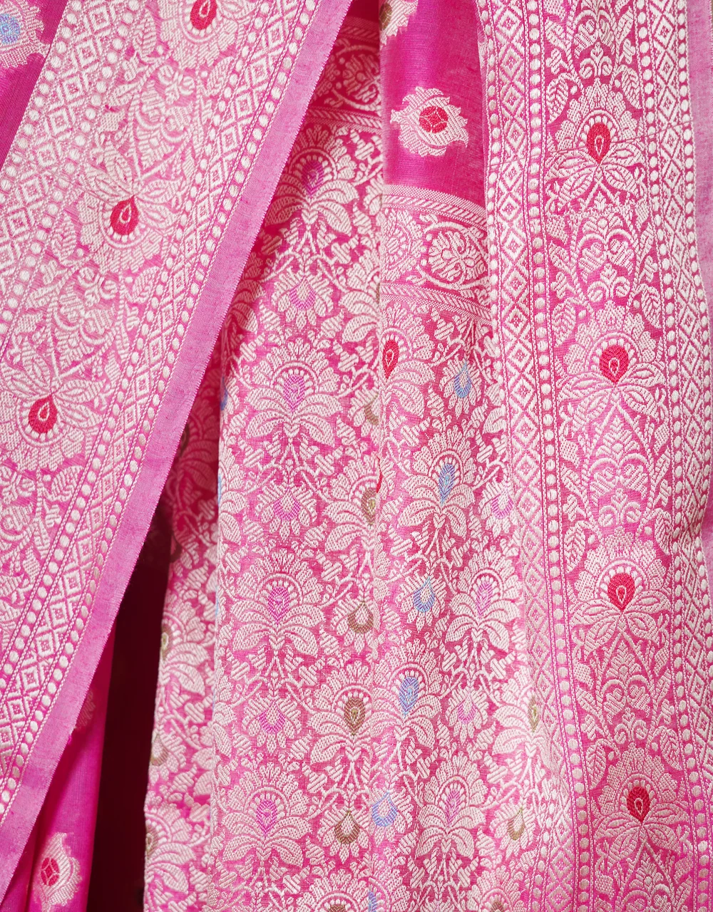 Pink Buta Multicolor Silver Zari Banarasi Cotton Silk Saree - View 10