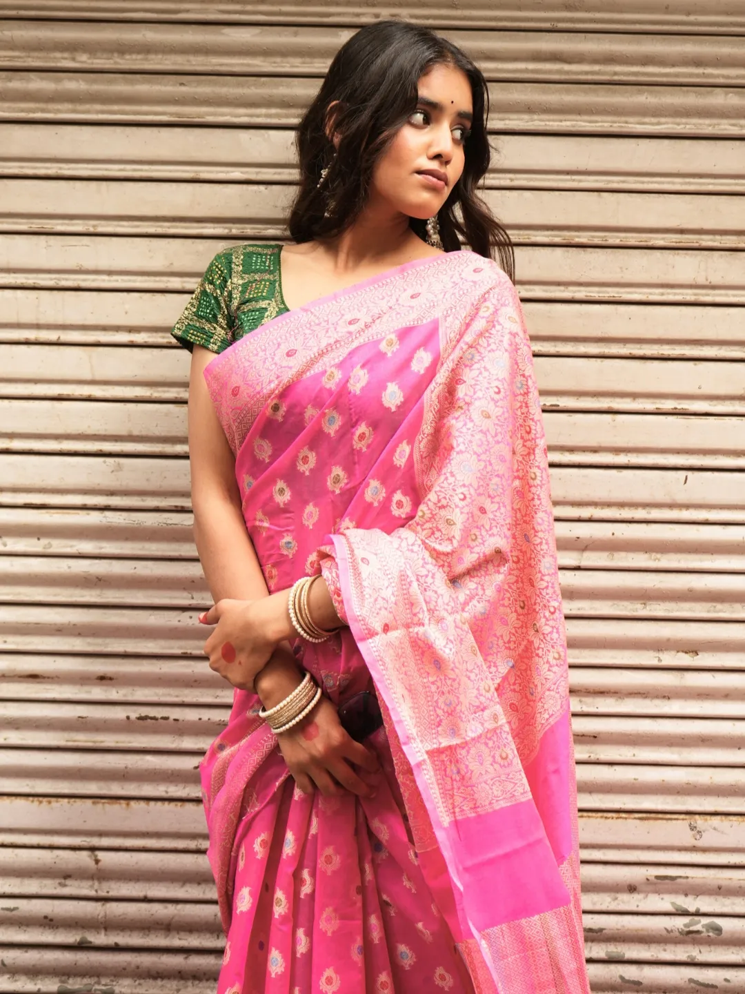 Pink Buta Multicolor Silver Zari Banarasi Cotton Silk Saree