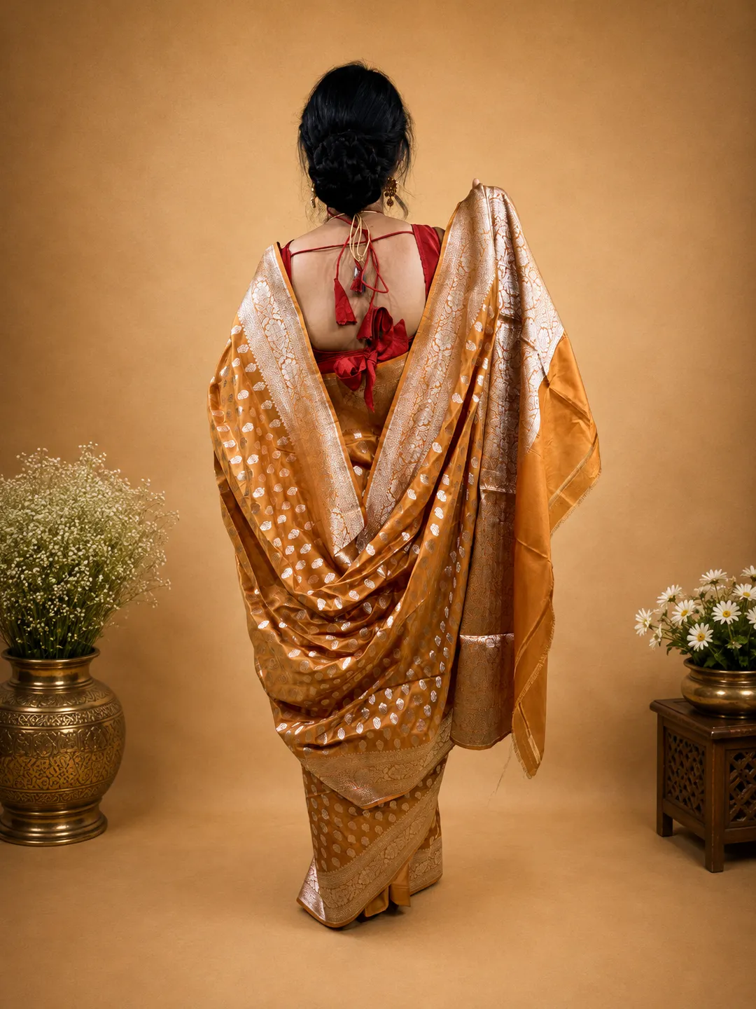 Orange Marigold Pure Katan Silk Banarasi Saree front view