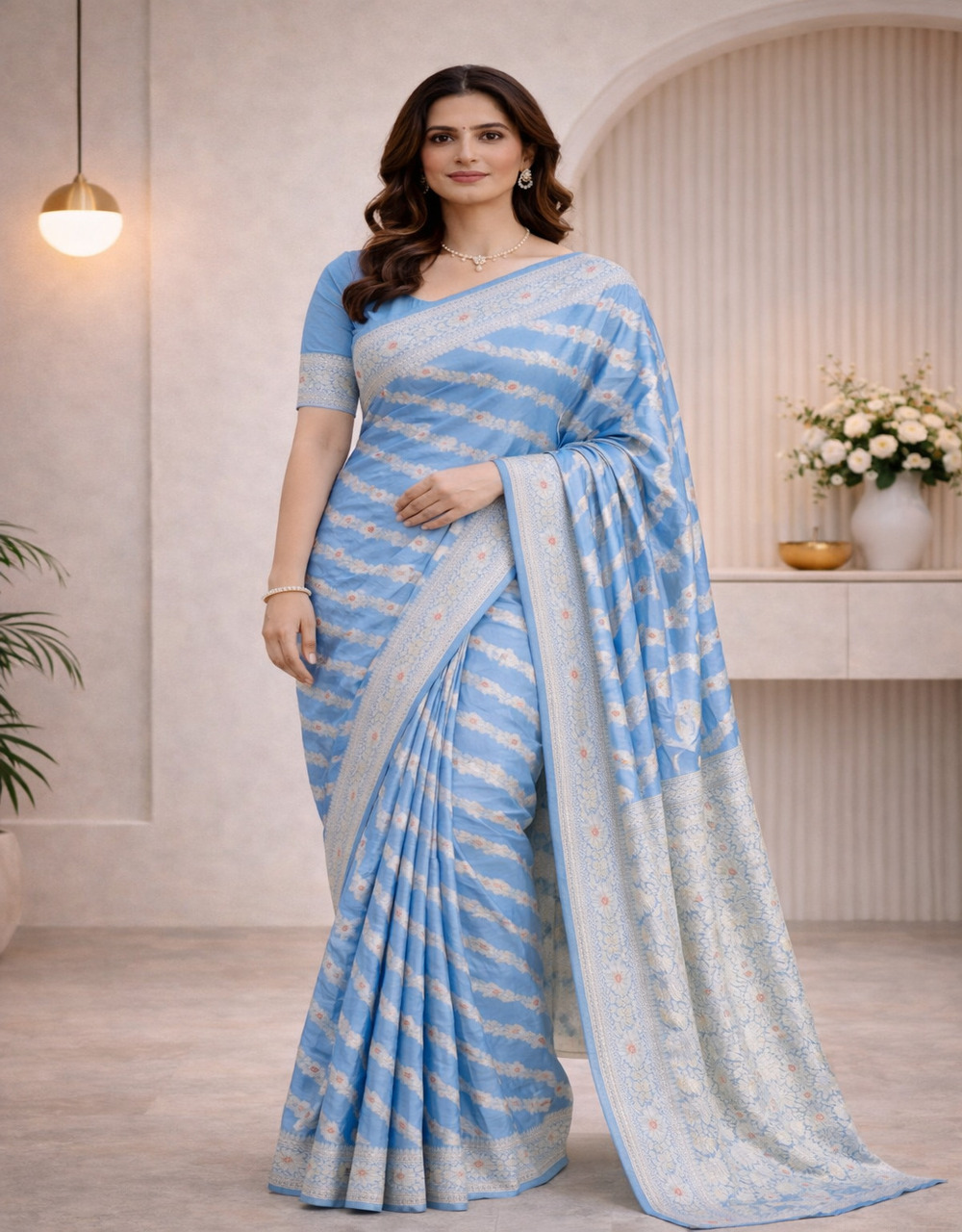 Blue Silver Zari Banarasi Cotton Silk Saree With Floral Diagonal Buta Weave