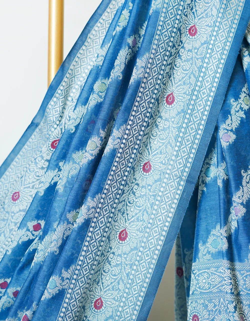 Blue Silver Zari Banarasi Cotton Silk Saree With Floral Diagonal Buta Weave - View 4