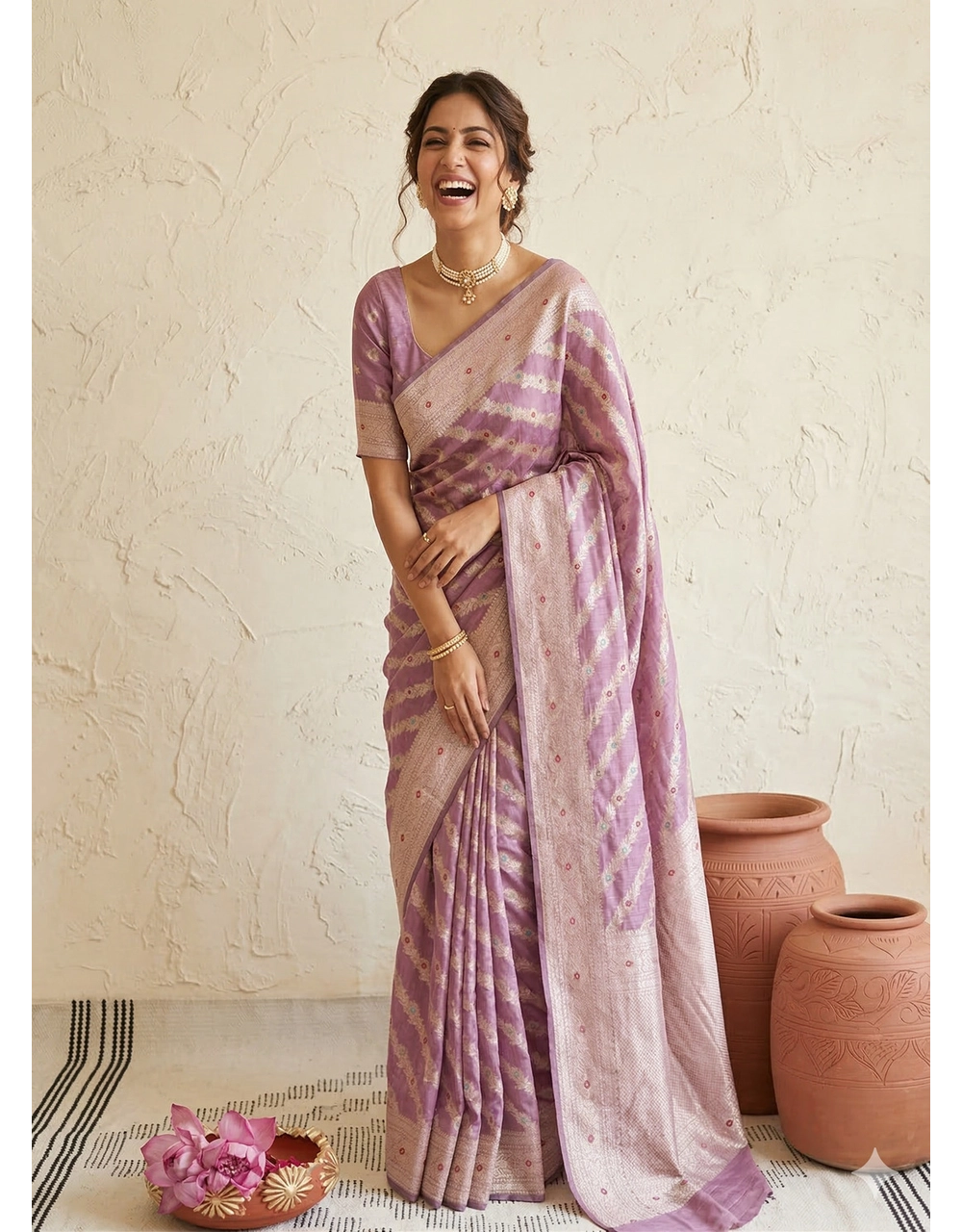 Lavender Silver Zari Banarasi Cotton Silk Saree With Diagonal Floral Buta Weave