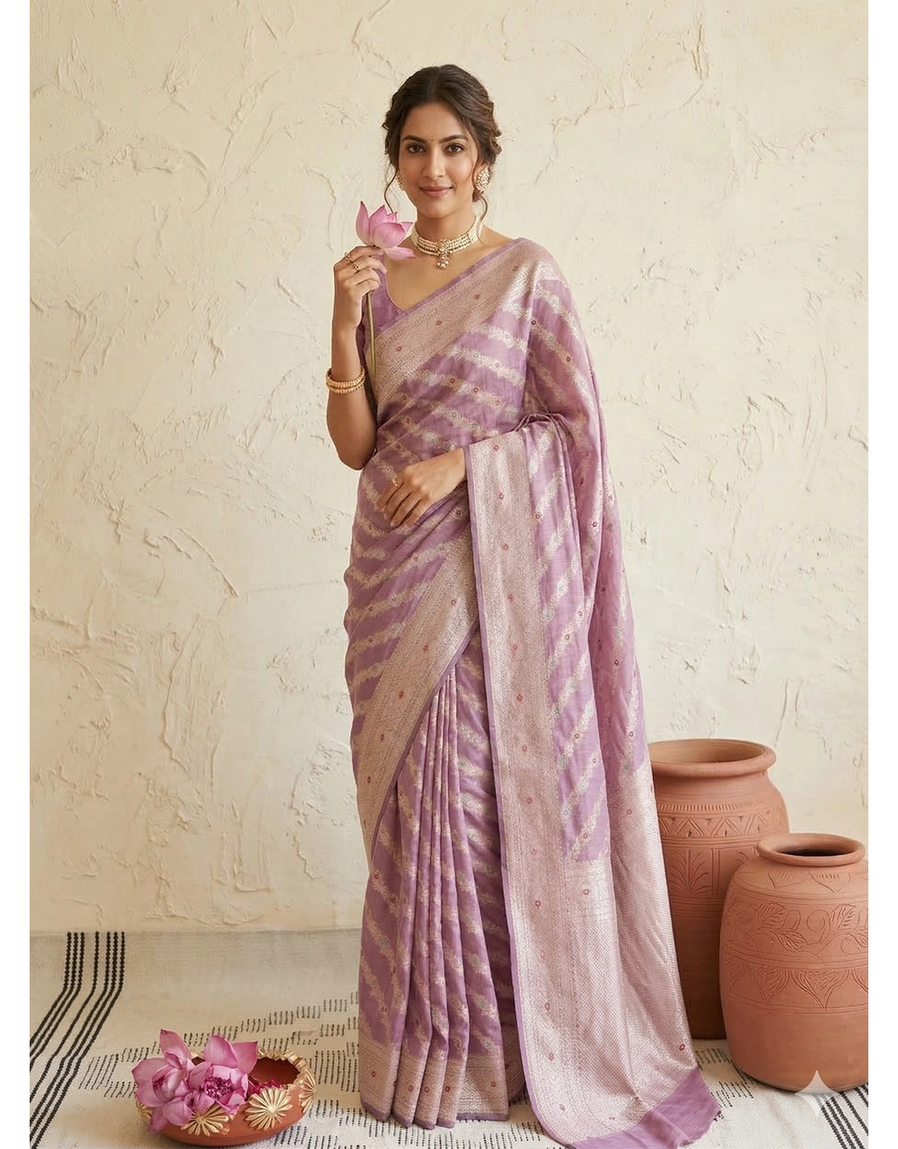 Lavender Silver Zari Banarasi Cotton Silk Saree With Diagonal Floral Buta Weave