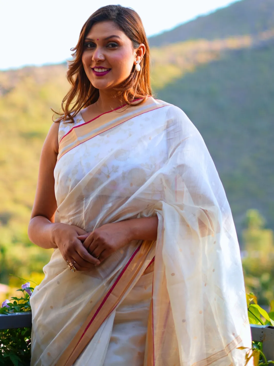 Off White Chanderi Silk Saree With Golden Floral Weave