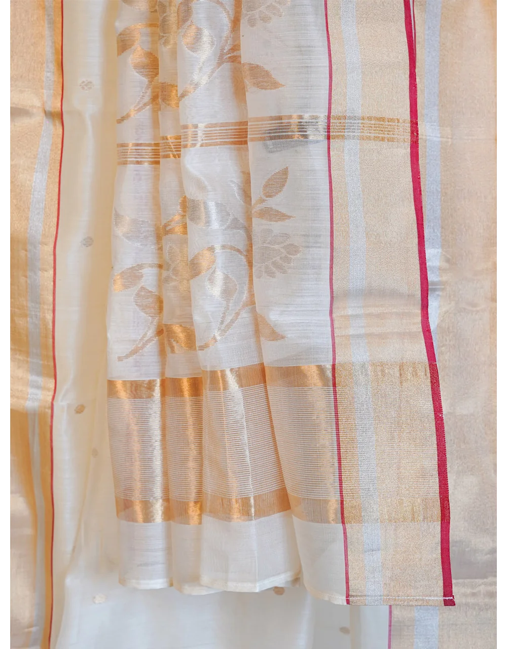 Off White Chanderi Silk Saree With Golden Floral Weave - View 3