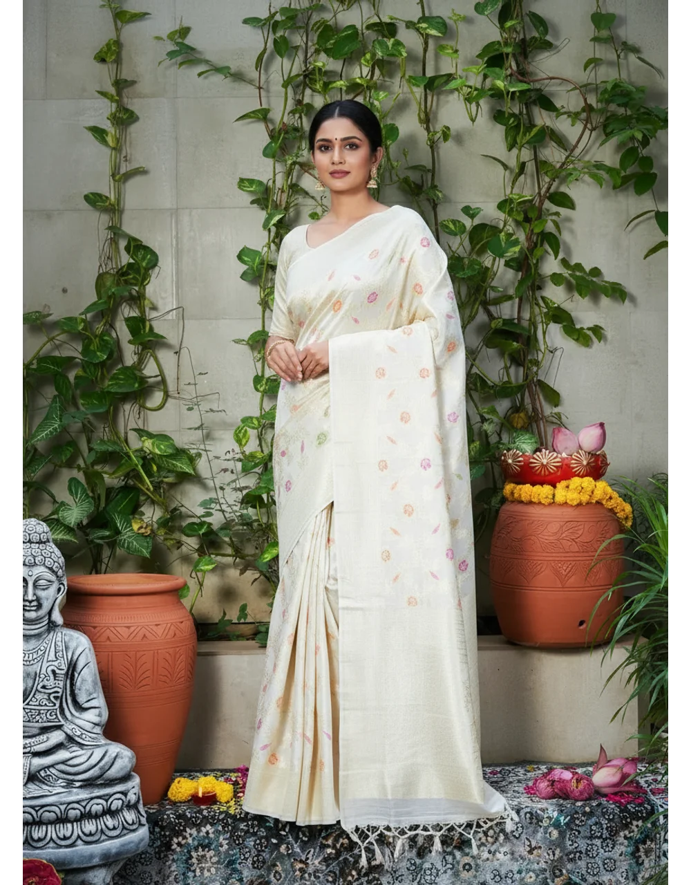 Off White Pure Monga Silk Meenakari Banarasi Saree