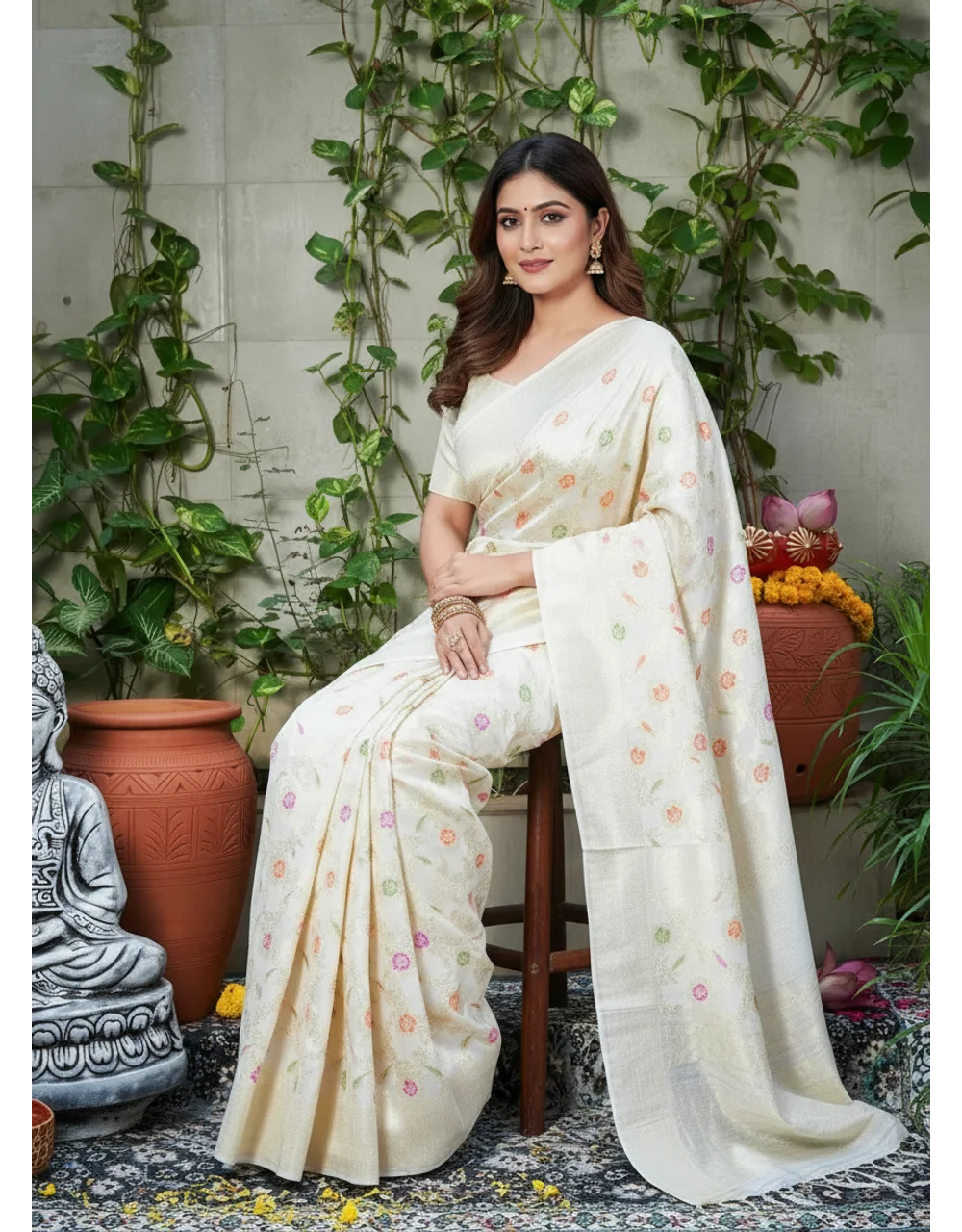 Hovered view of Off White Pure Monga Silk Meenakari Banarasi Saree