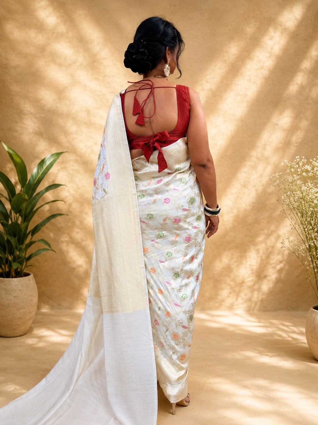 Off White Pure Monga Silk Meenakari Banarasi Saree front view