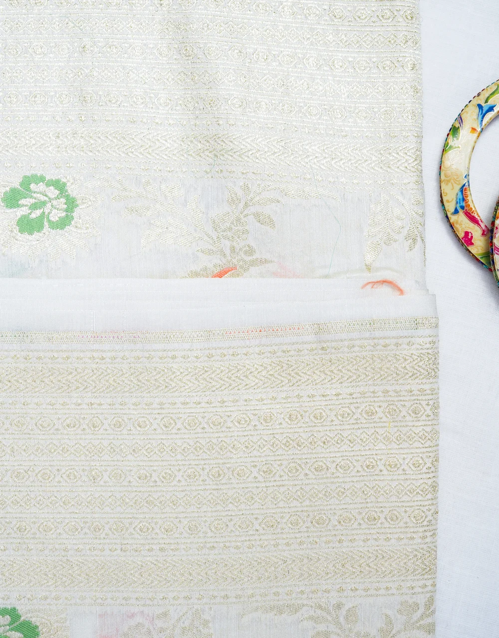 Off White Pure Monga Silk Meenakari Banarasi Saree - View 3