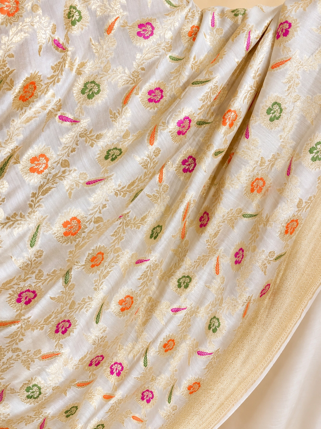 Off White Pure Monga Silk Meenakari Banarasi Saree front view