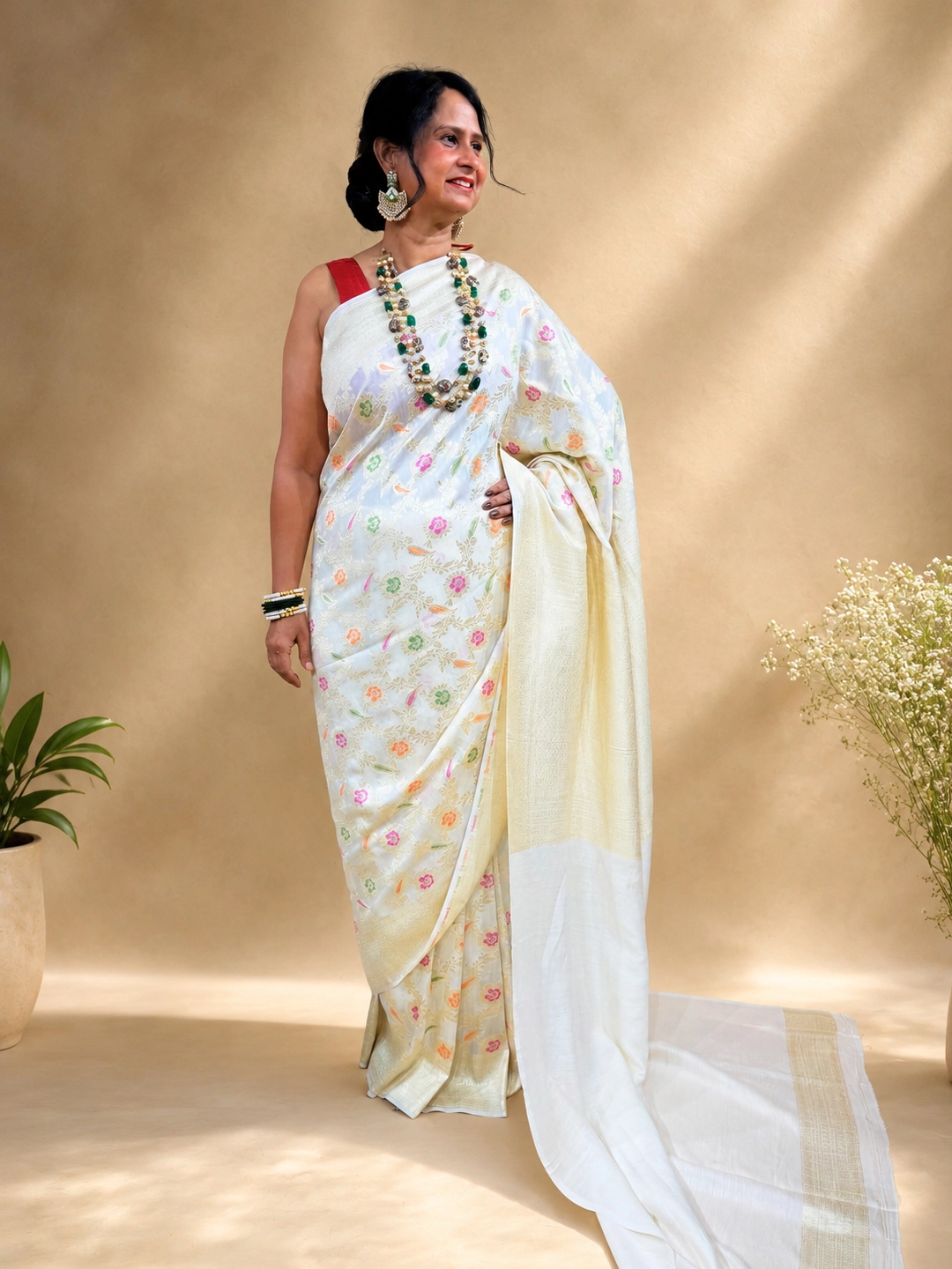 Off White Pure Monga Silk Meenakari Banarasi Saree