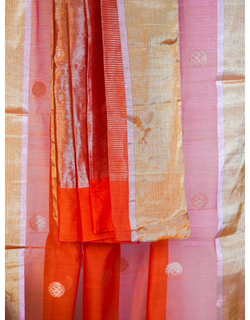 Orange With Golden Brown Border And Zari Buti Chanderi Silk Saree - View 3