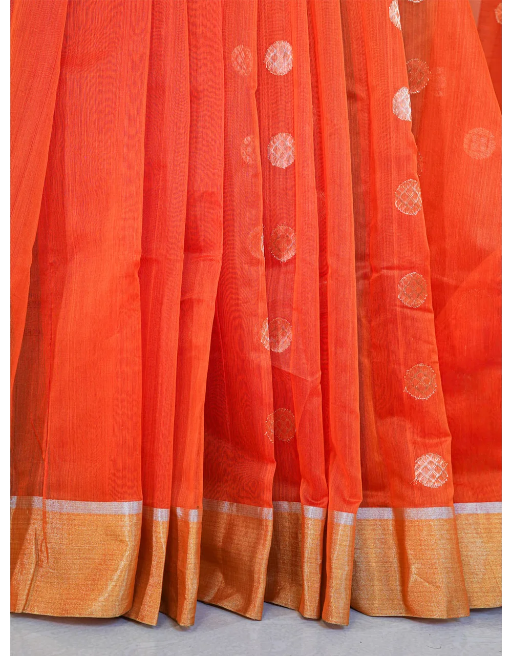 Orange With Golden Brown Border And Zari Buti Chanderi Silk Saree - View 4