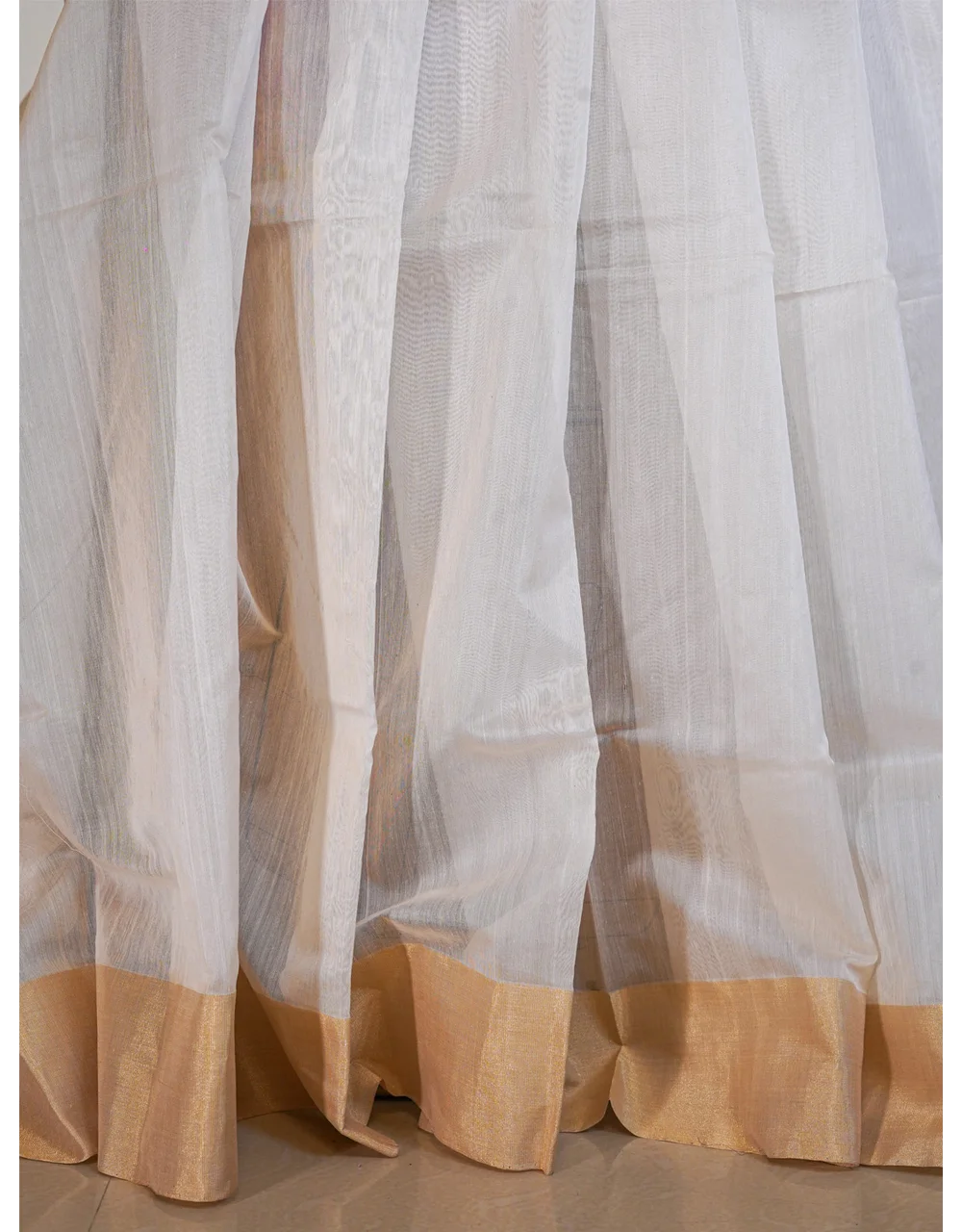 Off White With Golden Stripes Premium Chanderi Silk Saree - View 4