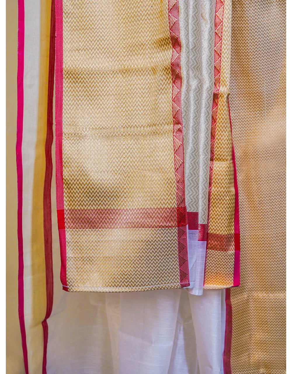 Beige Elegant And White Striped Chanderi Silk Saree With Golden Border - View 3
