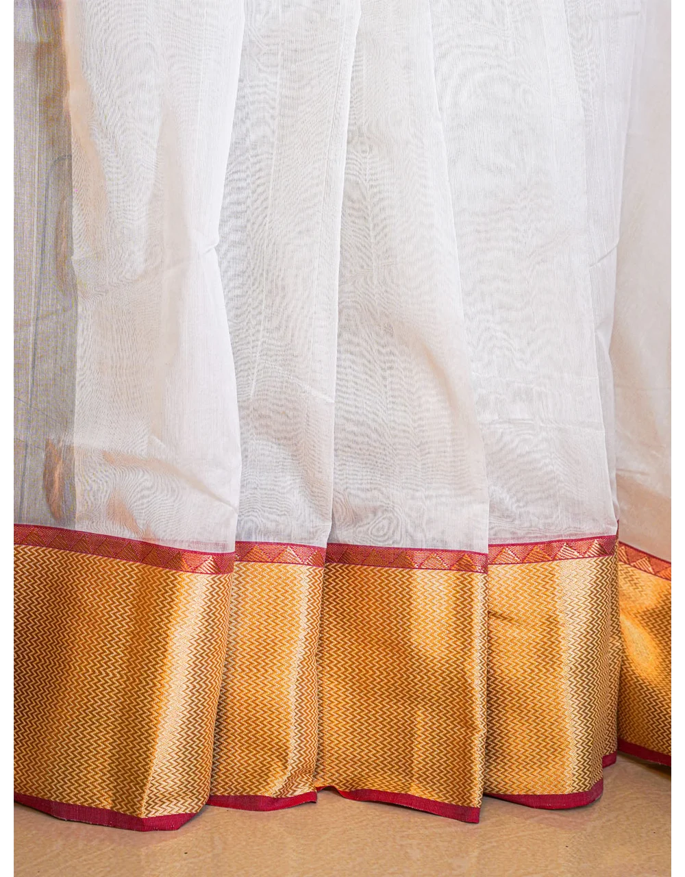 Beige Elegant And White Striped Chanderi Silk Saree With Golden Border - View 4