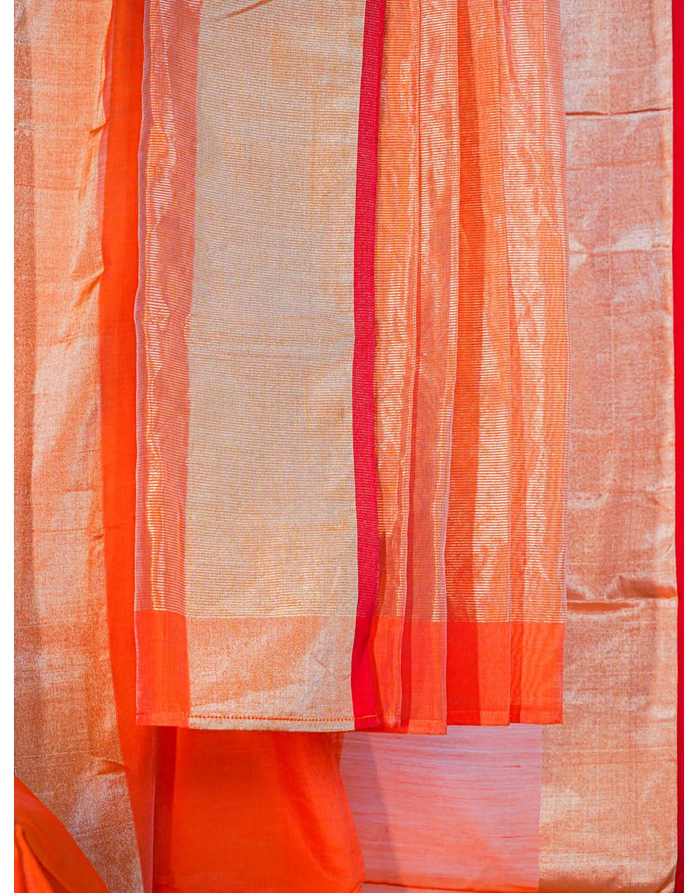 Orange Chanderi Silk Saree With Golden Brown Zari Border And Woven Swirl Motifs - View 3
