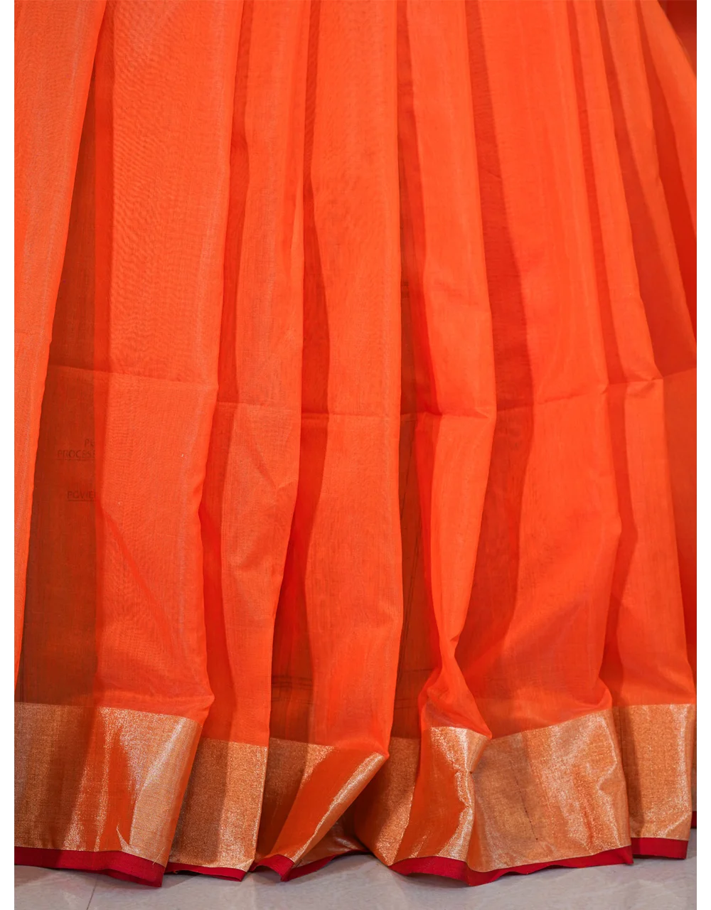 Orange Chanderi Silk Saree With Golden Brown Zari Border And Woven Swirl Motifs - View 4