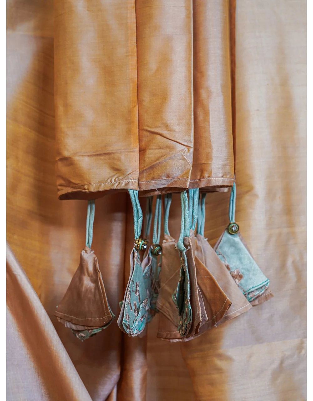 Peach With Brownish Green Tassel Accents Chanderi Silk Saree - View 3