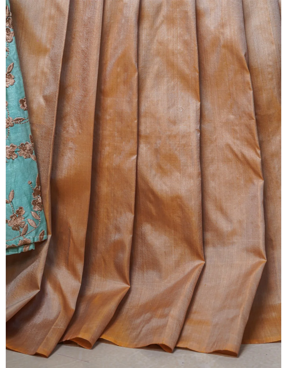 Peach With Brownish Green Tassel Accents Chanderi Silk Saree - View 4