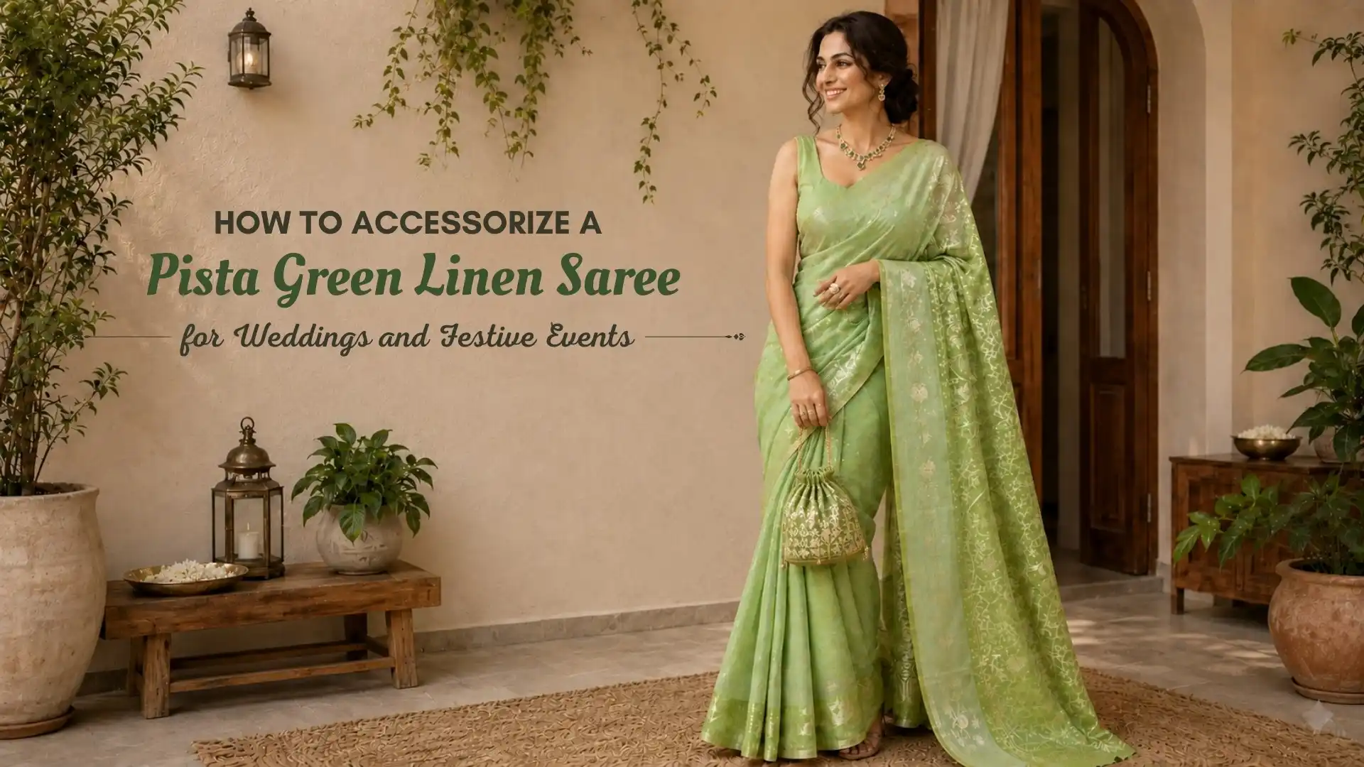 How to Accessorize a Pista Green Linen Saree for Weddings and Festive Events?